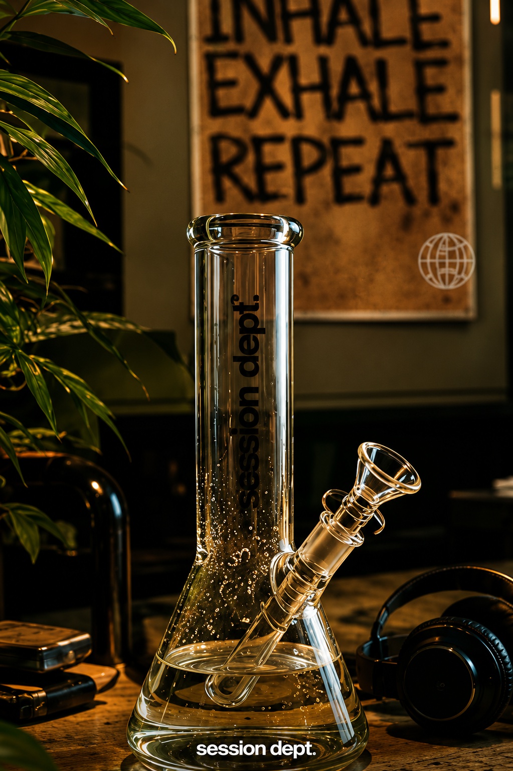 Glass water pipe bong on table