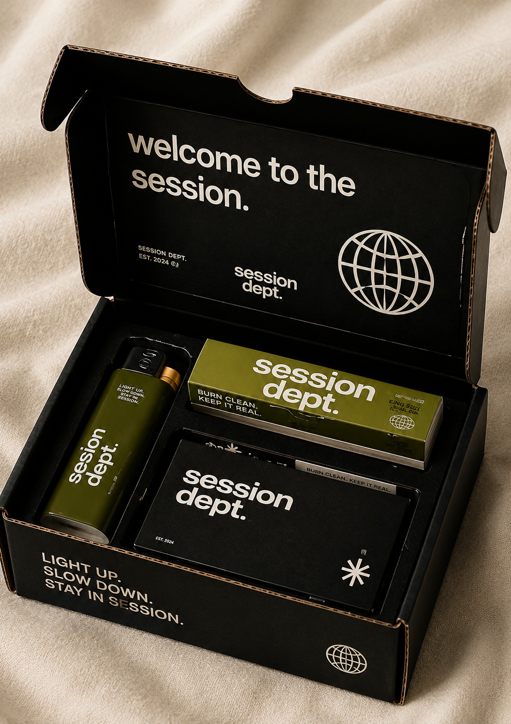 Welcome box containing papers lighter pre-rolls