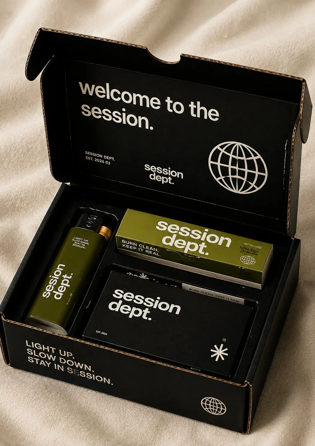 Welcome box containing papers lighter pre-rolls